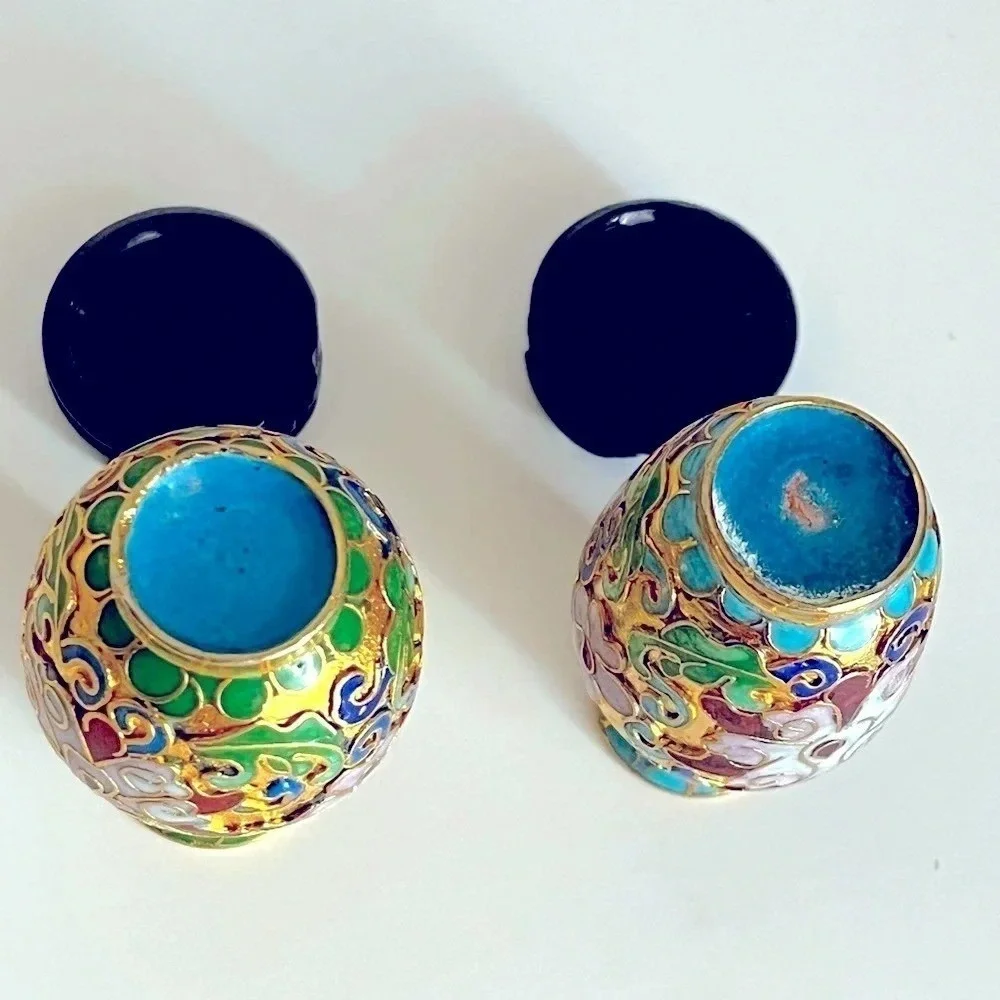 Vintage Cloisonne Style Mini Vases Bases Gold Tone Floral Decorative Collectible - Picture 7 of 11
